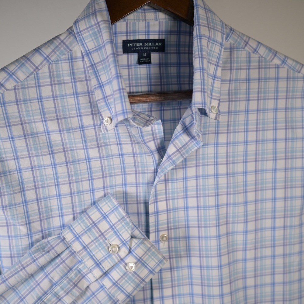 Peter Millar Crown Crafted Mens Blue Plaid Button Down Shirt M MF23XW03L